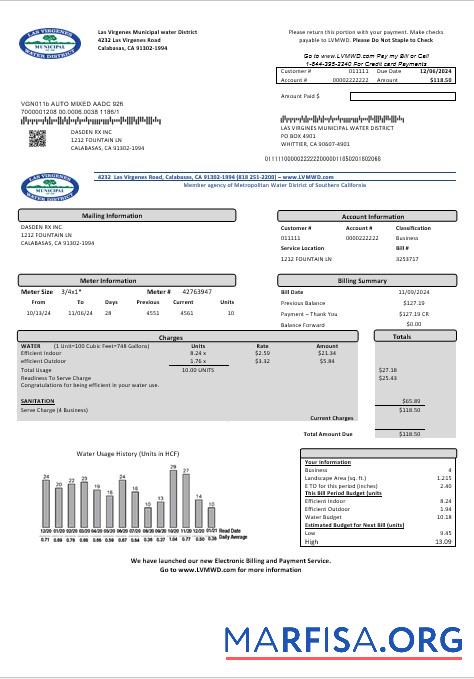 Printable USA California Las Virgenes Municipal Water District business utility bill template in Word and PDF formats